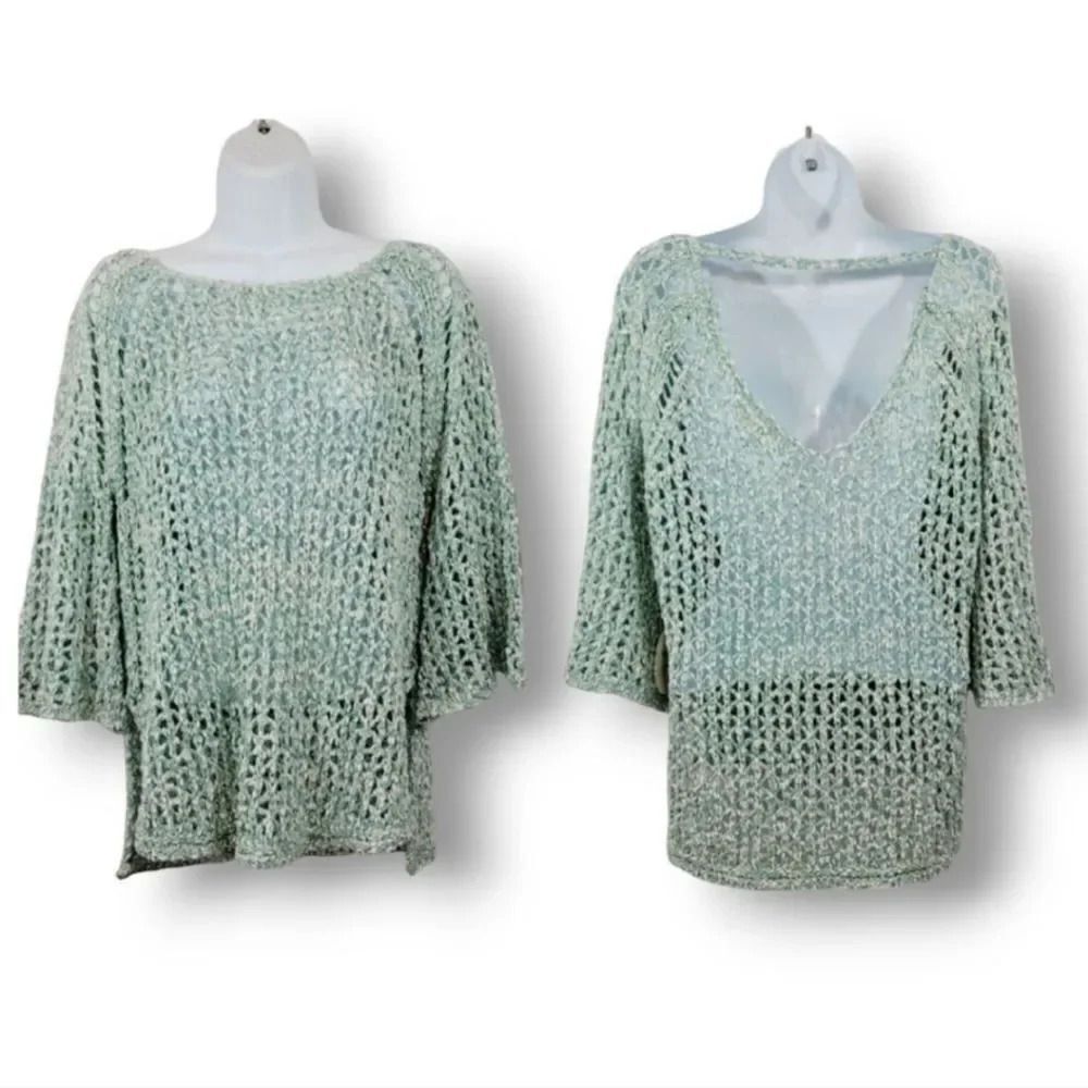NEW Hummingbird Keyhole Cut Out Open Knit Bell Sleeve Turquoise Sweater Size S/M